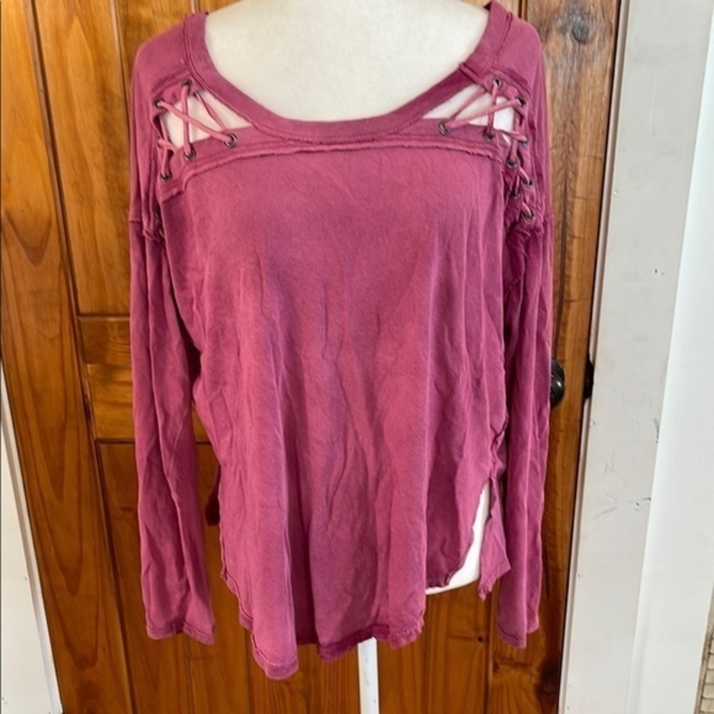We the Free People First Love Lace Up Pink linen cotton long sleeve Top Medium